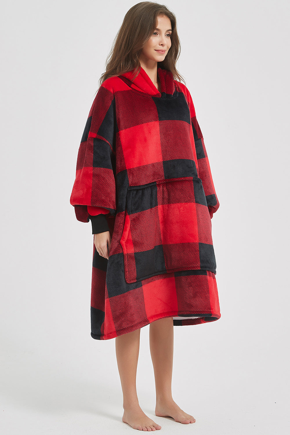 Plaid Hooded Oversize Fuzzy Lounge Dress 