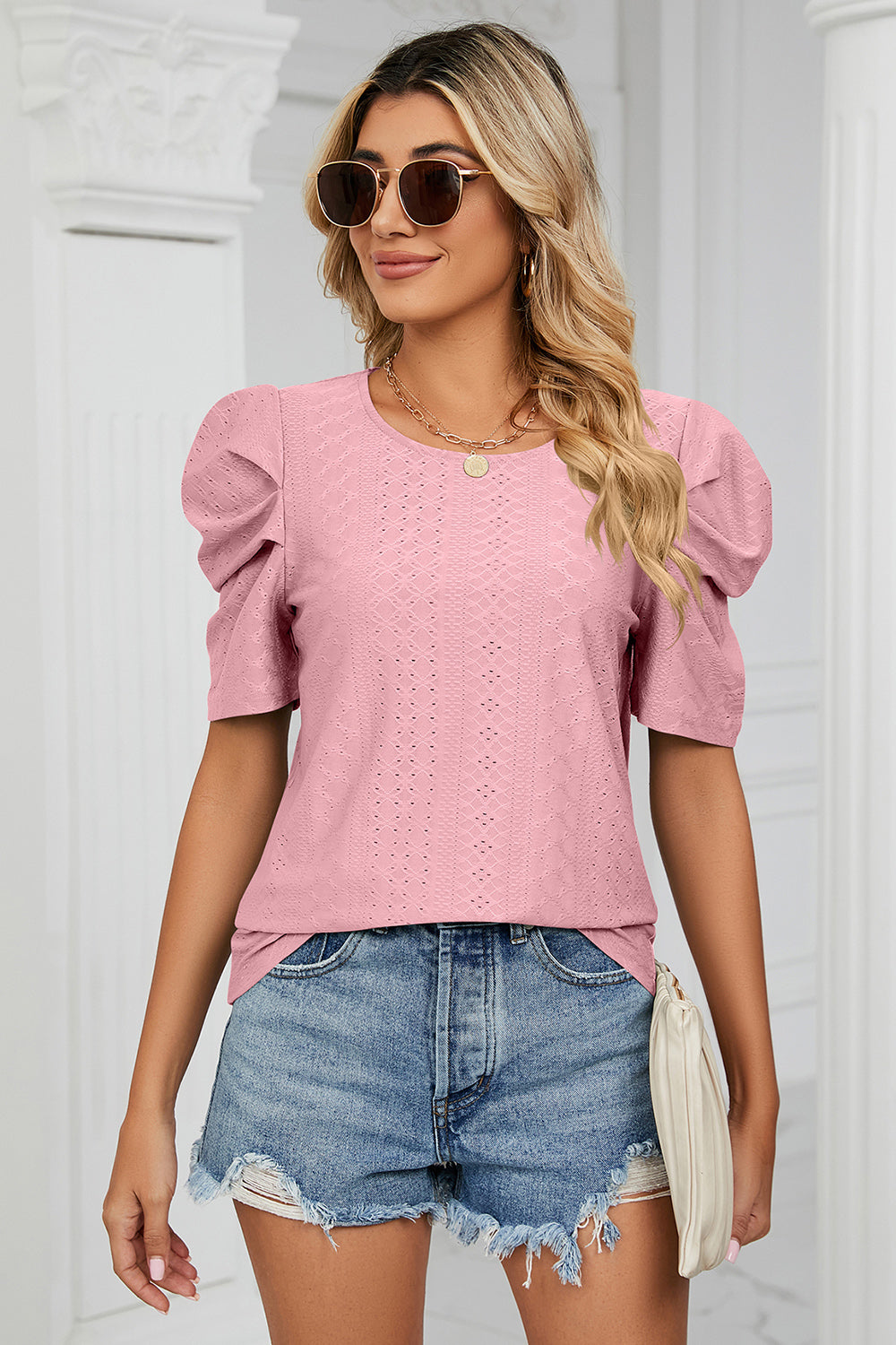 Eyelet Round Neck Puff Sleeve T-Shirt 