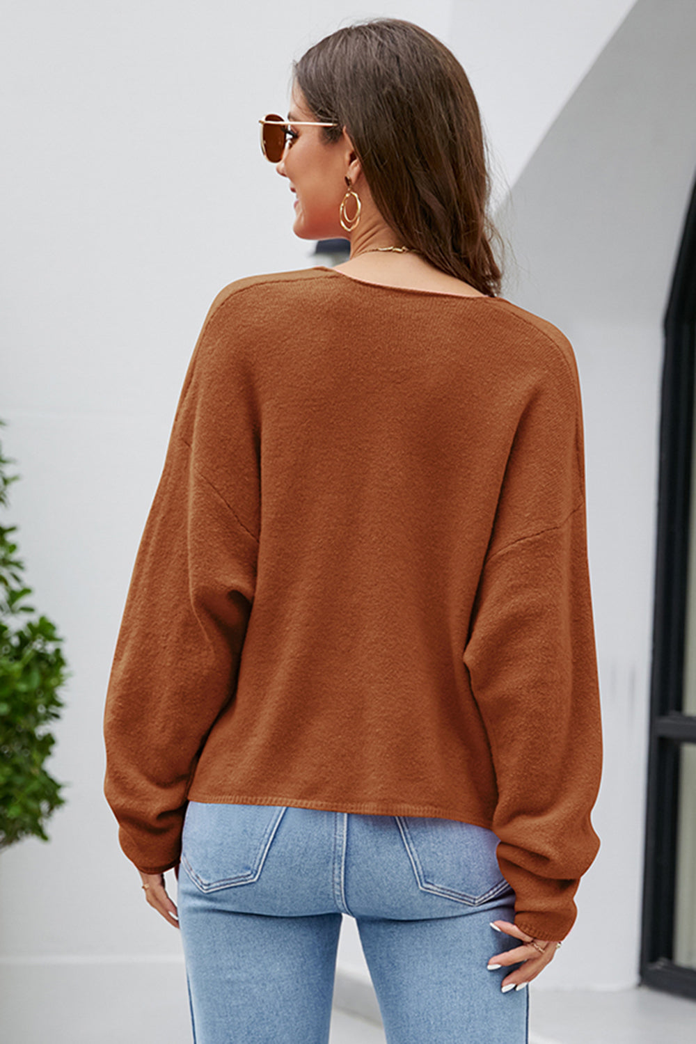 V-Neck Drop Shoulder Long Sleeve Knit Top