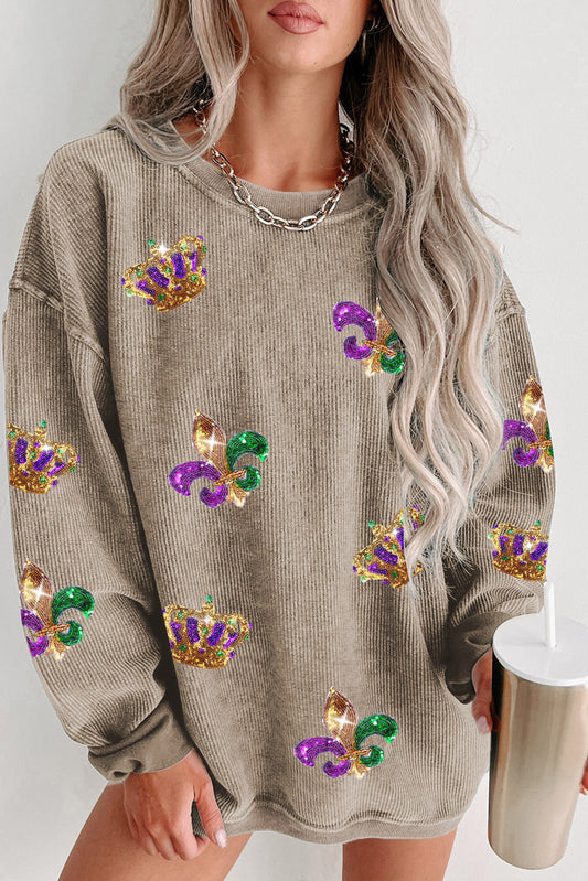 Mardi Gras Sequin Round Neck Dropped Shoulder Sweatshirt - Babbazon sweatshirt