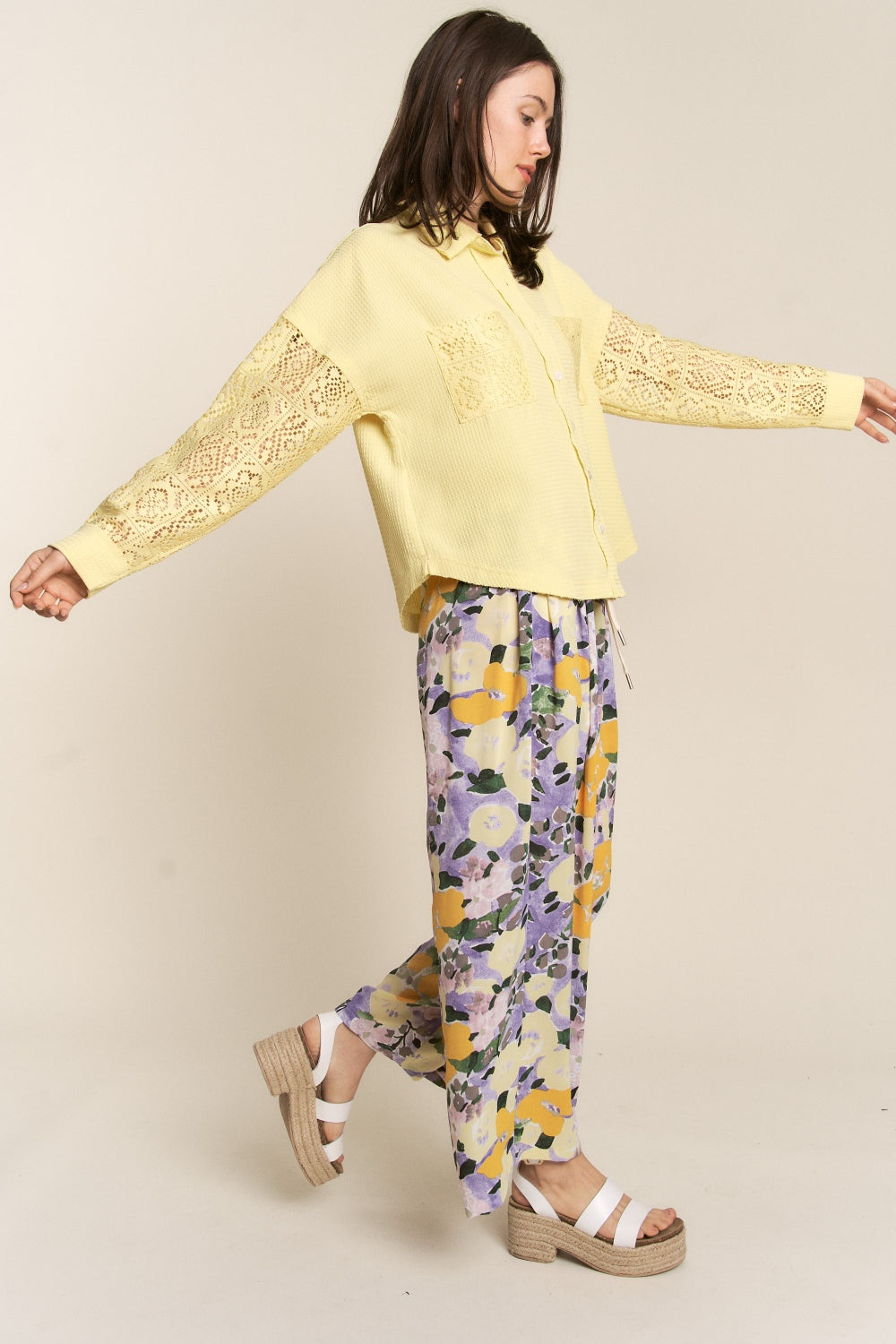 J.NNA Button Down Lace Long Sleeve Waffle Shirt 