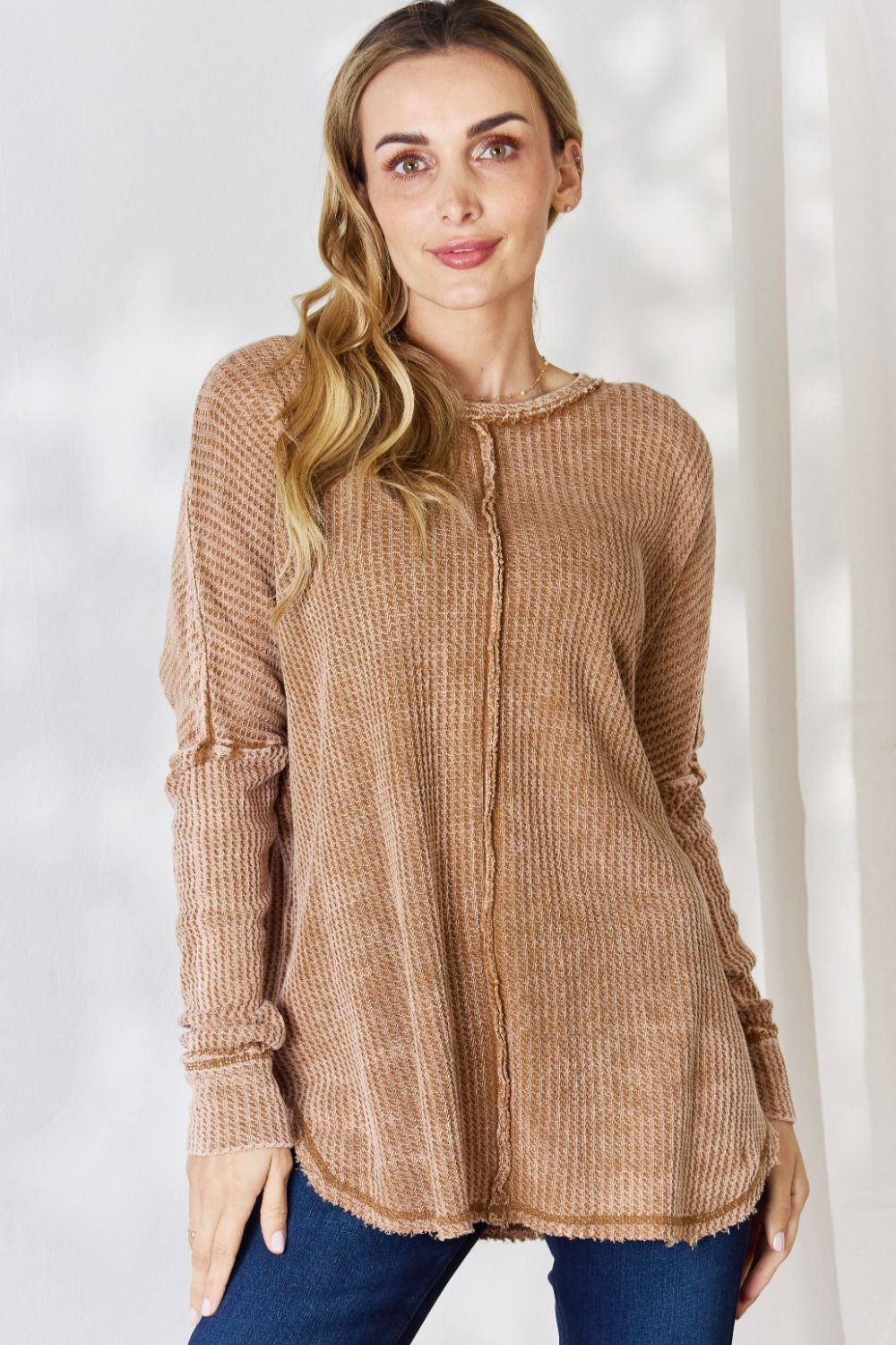 Zenana Oversized Washed Waffle Long Sleeve Top 