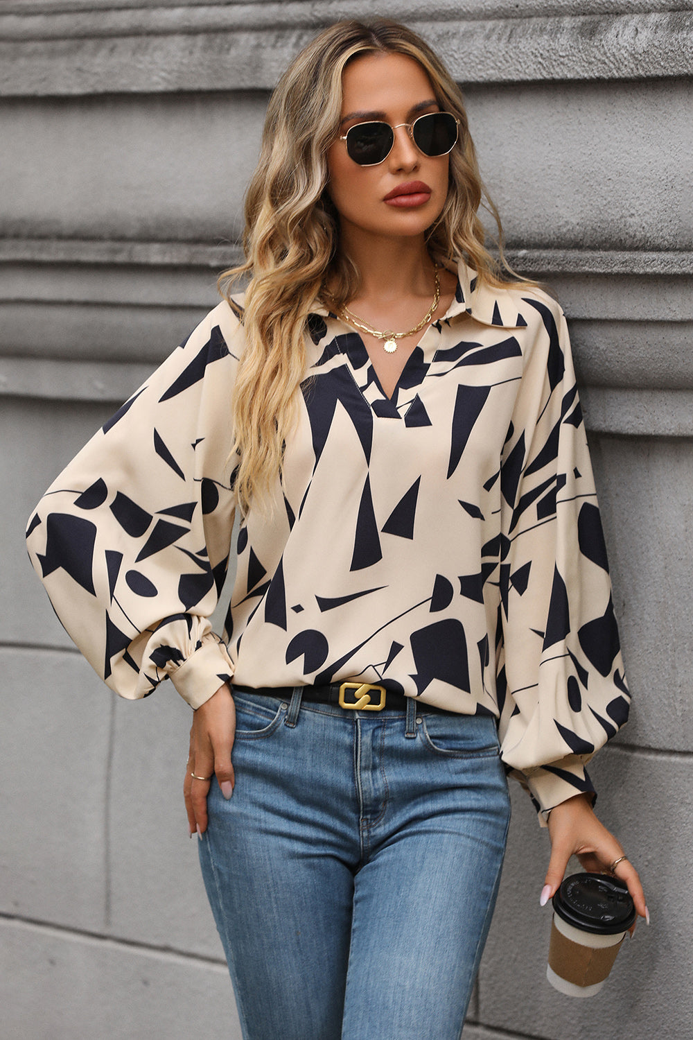 Printed Johnny Collar Blouse - Babbazon blouse