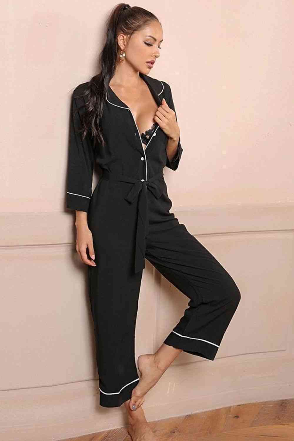 Contrast Belted Lapel Collar Jumpsuit 