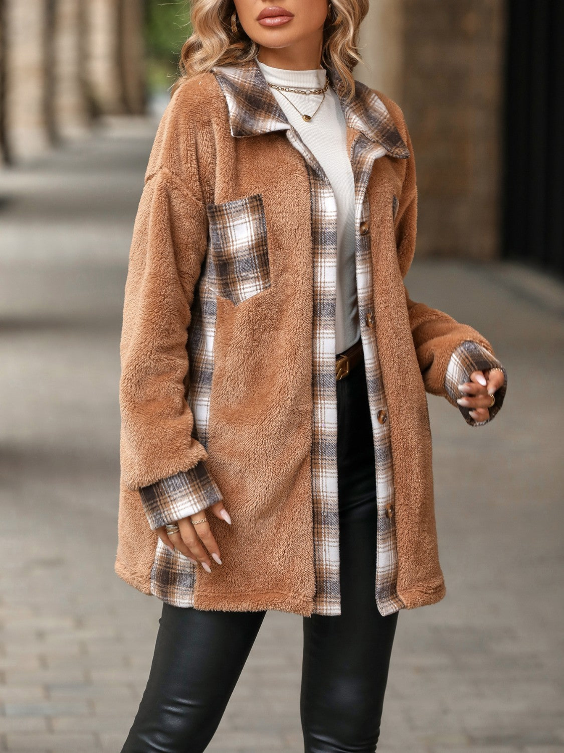 Plaid Contrast Dropped Shoulder Coat 