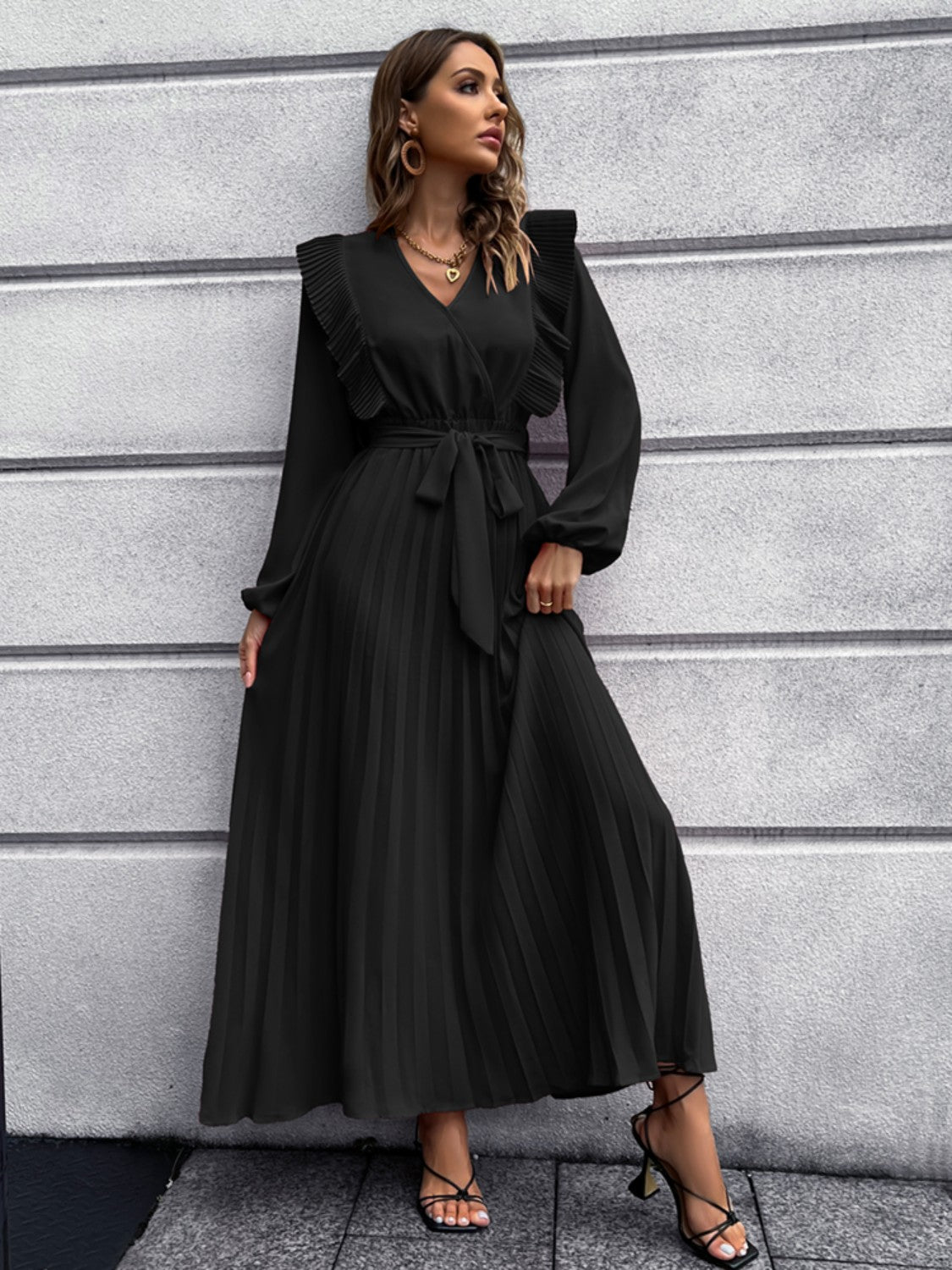 Pleated Surplice Tie Waist Maxi Dress 