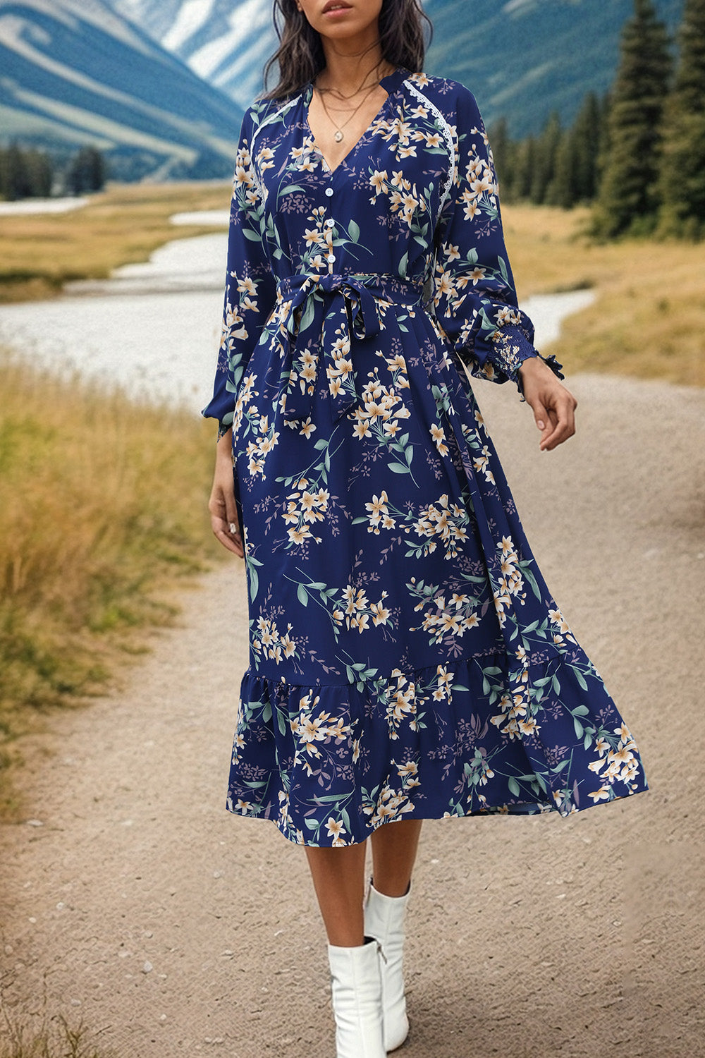 Printed Notched Lantern Sleeve Midi Dress 