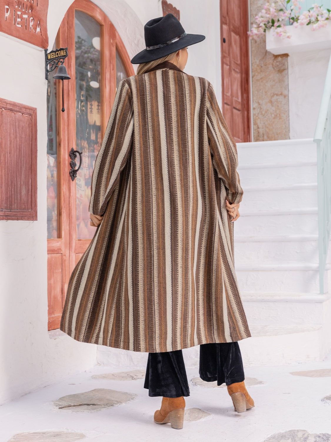 Striped Open Front Long Sleeve Outerwear 