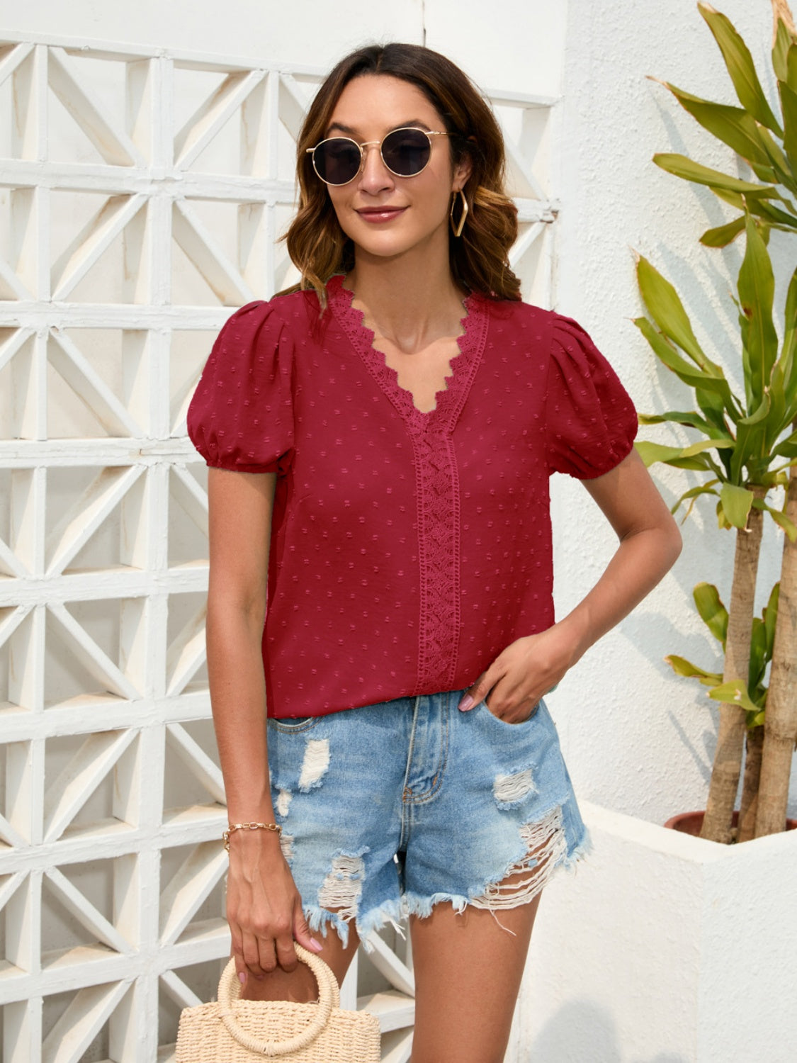 Swiss Dot Lace Detail V-Neck Blouse 