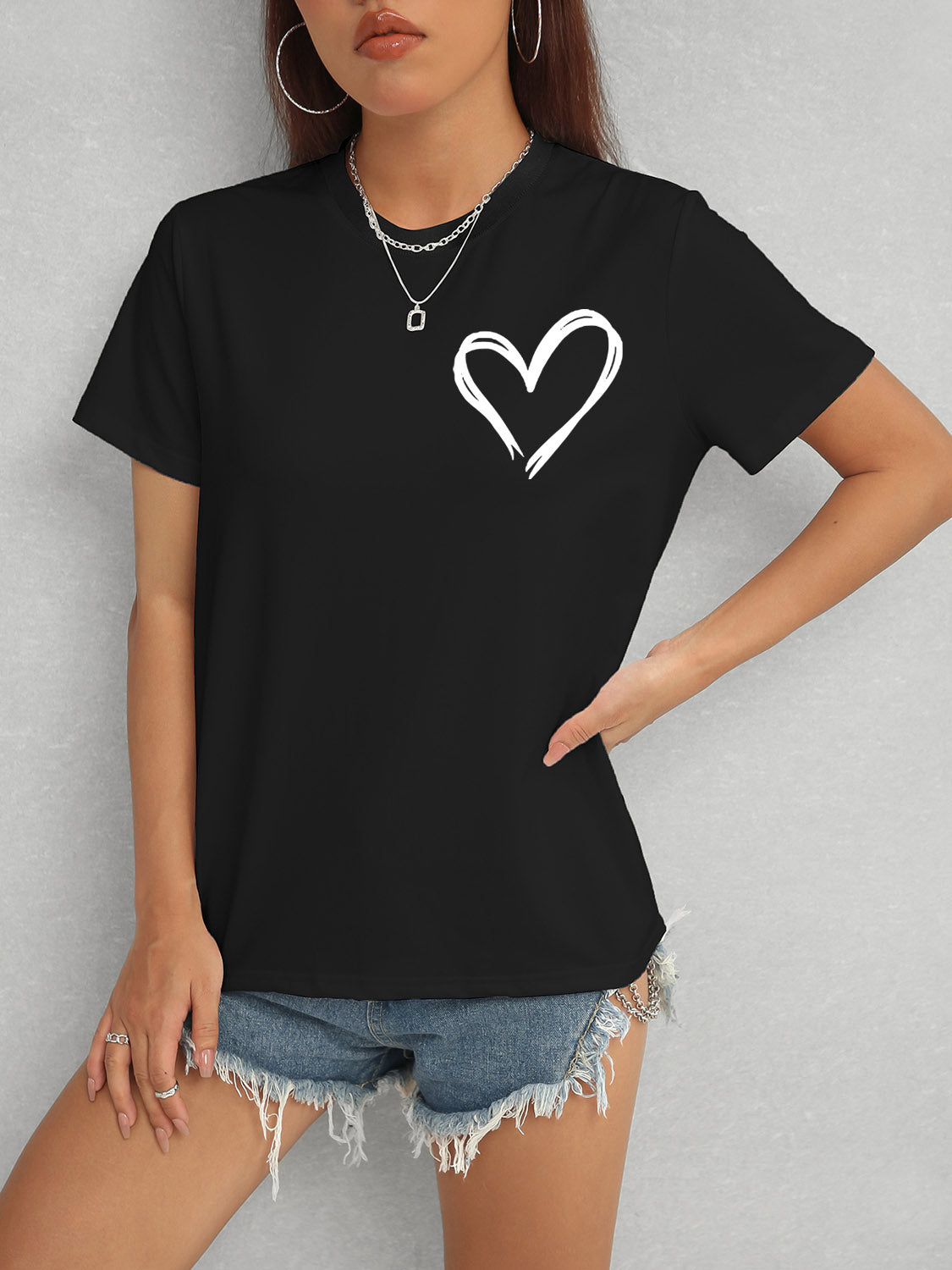 Heart Round Neck Short Sleeve T-Shirt 