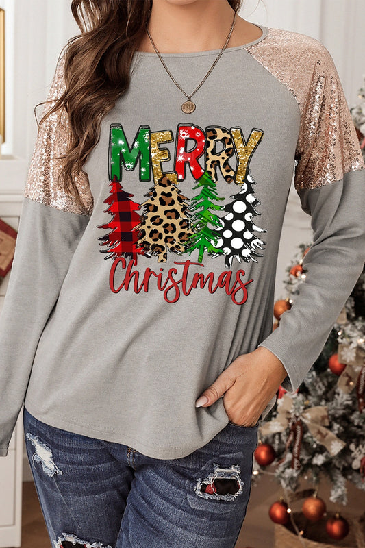 MERRY CHRISTMAS Sequin Round Neck Blouse 