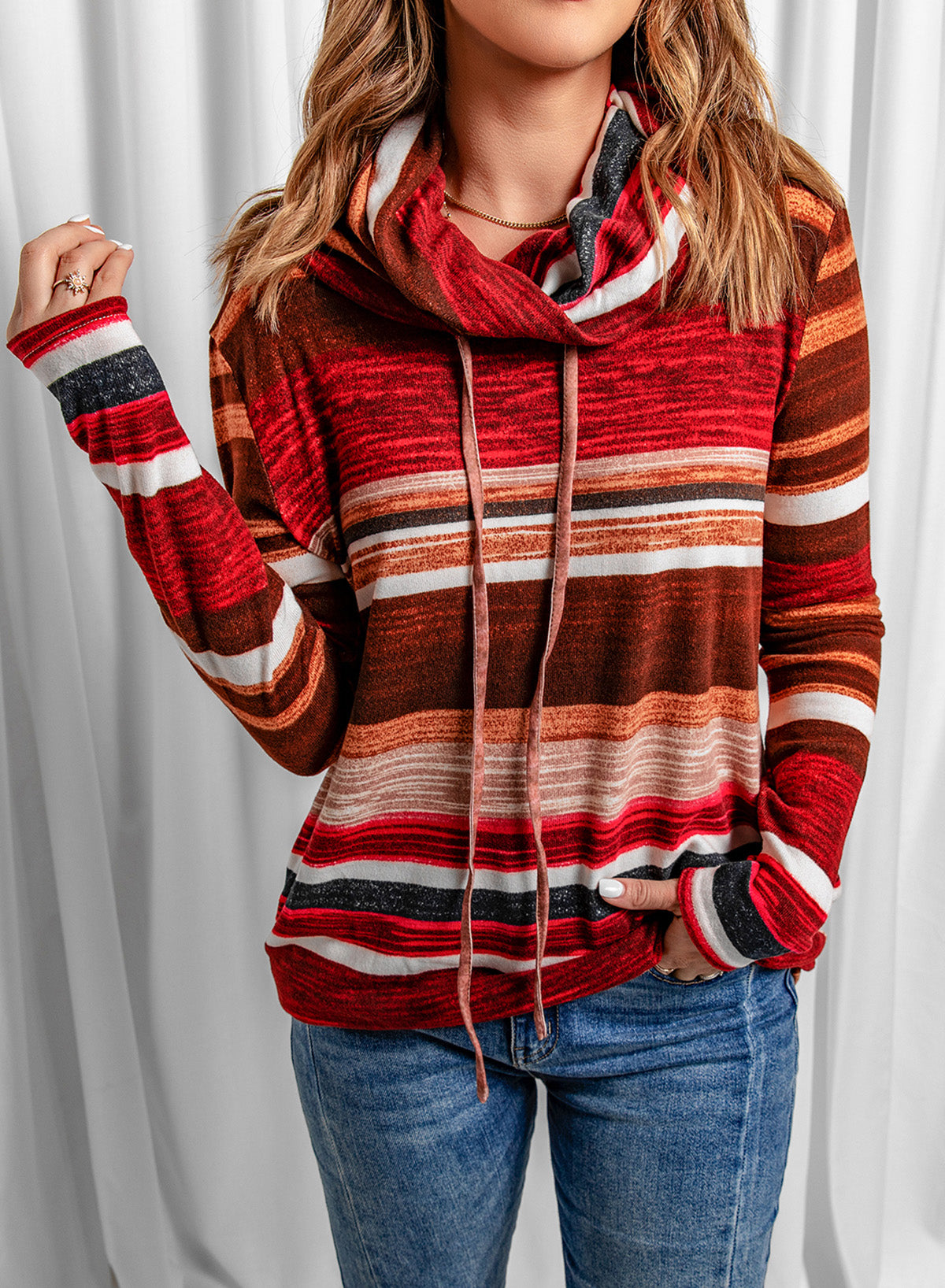 Striped Cowl Neck Tunic Sweatshirt 