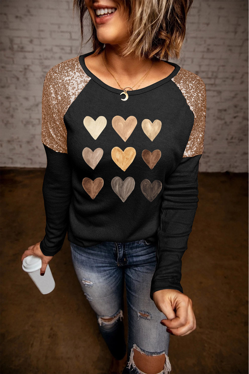 Contrast Sequin Heart Graphic Raglan Sleeve Top 