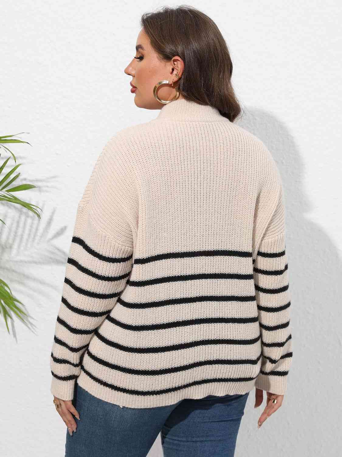 Plus Size Zip-Up Striped Sweater