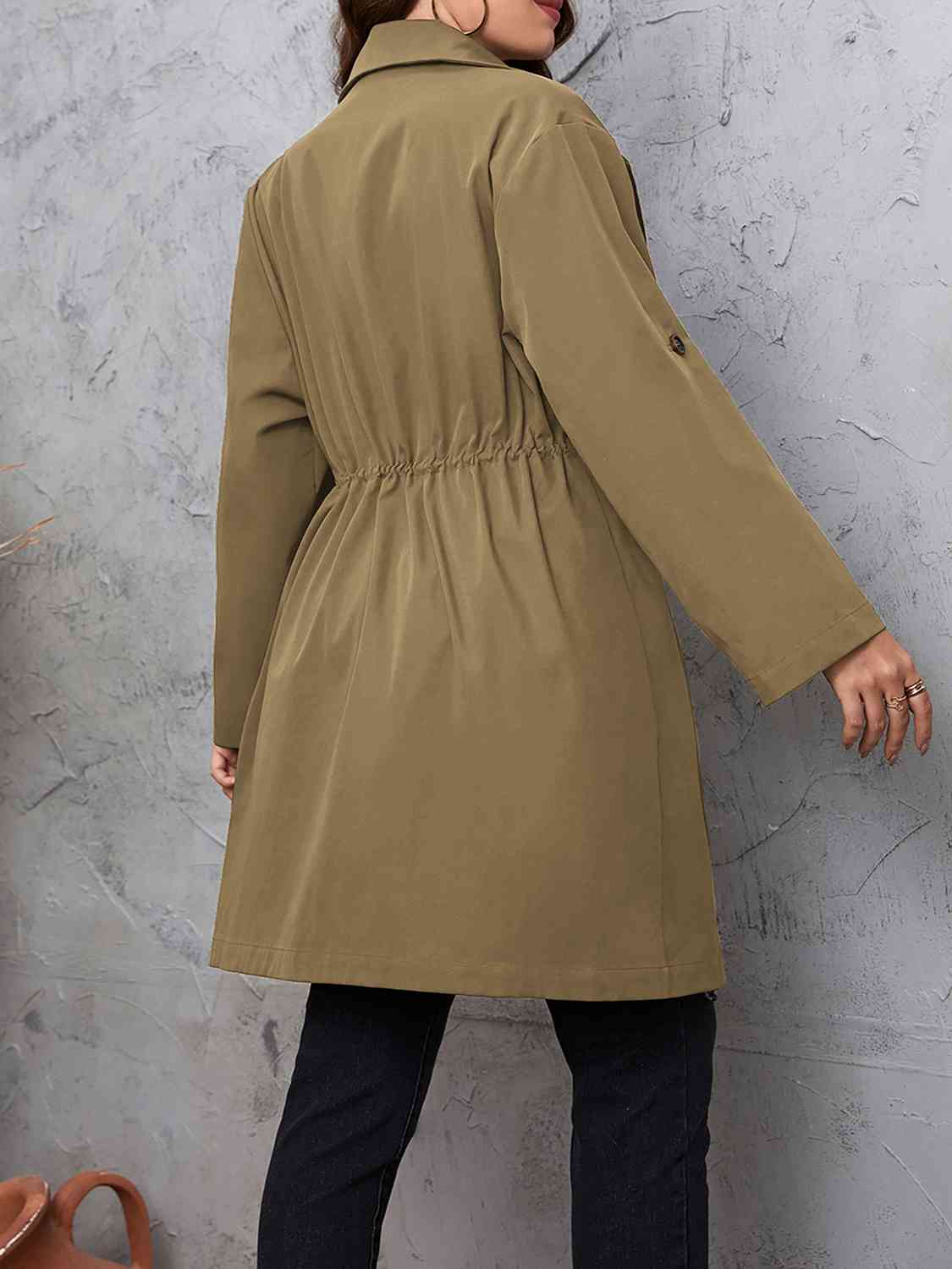 Plus Size Lapel Collar Drawstring Roll-Tab Sleeve Trench Coat 