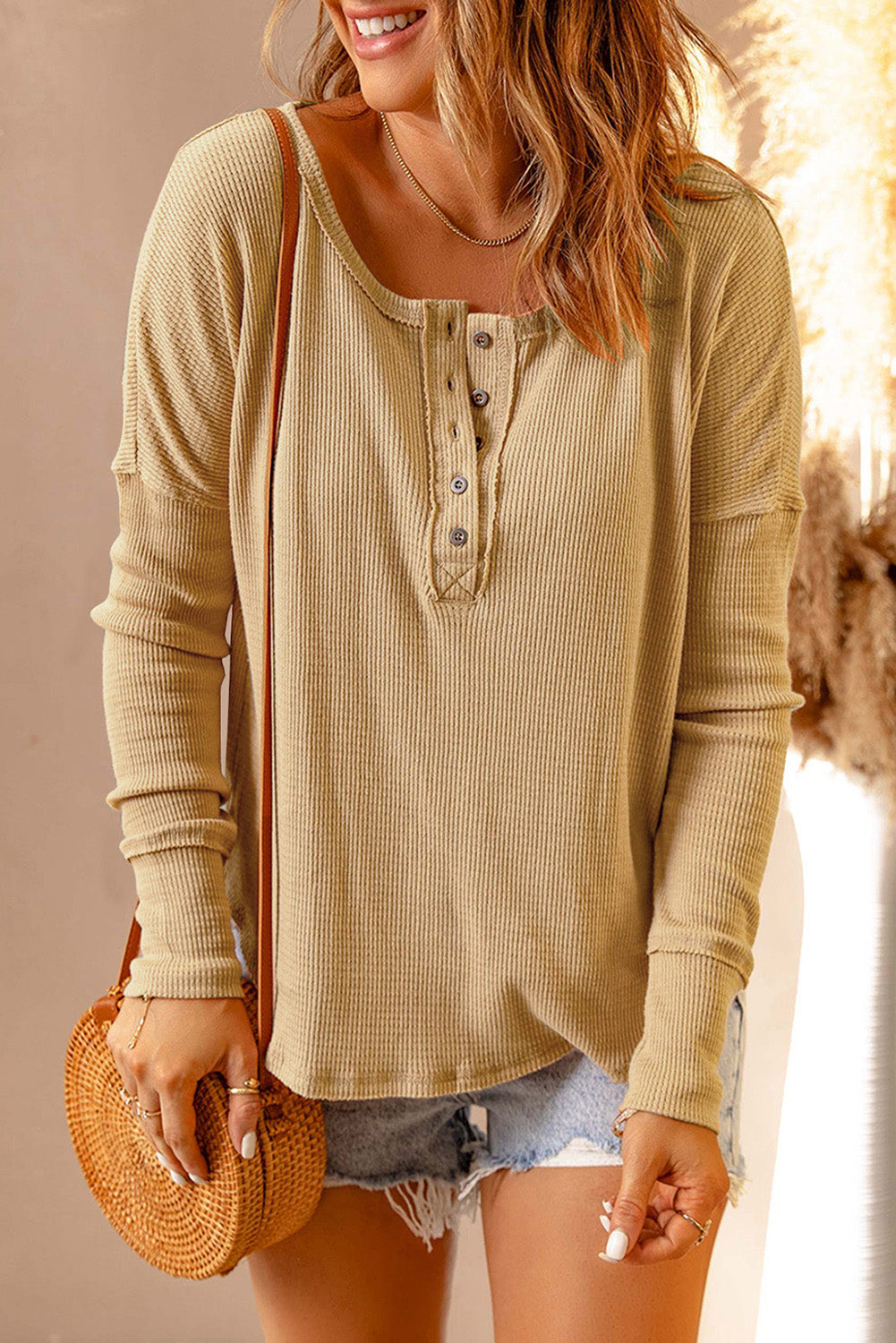 Waffle Knit Henley Long Sleeve Top - Babbazon Tops