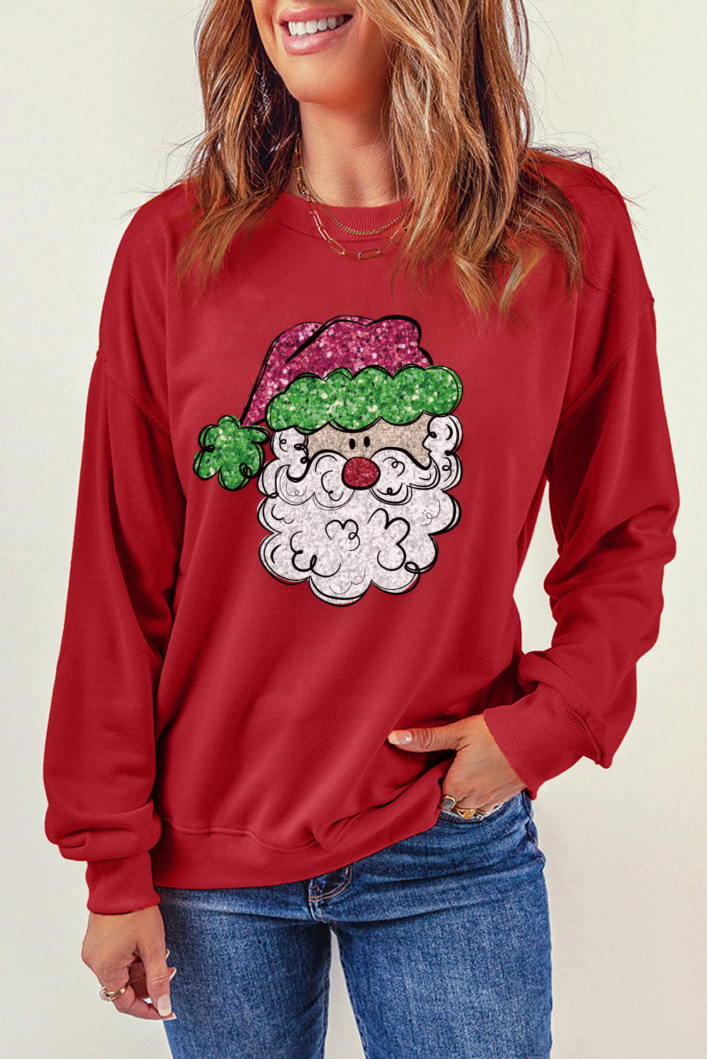 Santa Graphic Round Neck Long Sleeve Sweatshirt 