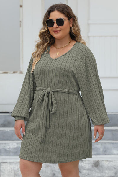 Plus Size Ribbed Tie Front Long Sleeve Sweater Dress 