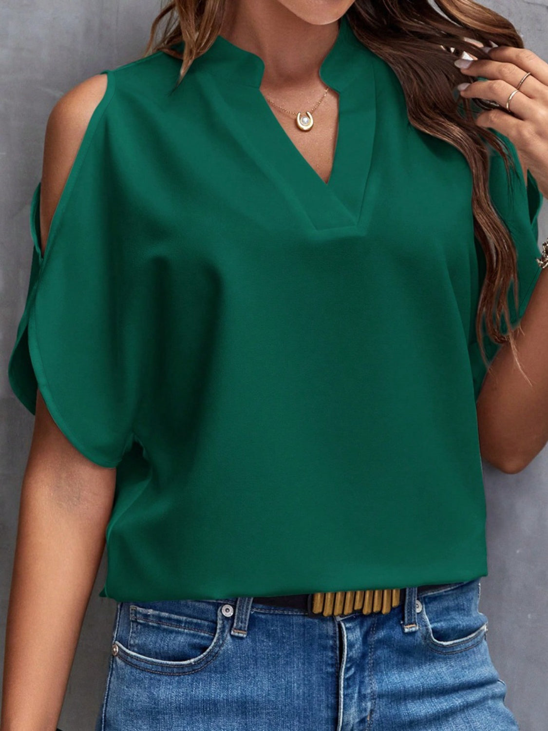 Notched Cold Shoulder Blouse - Babbazon Camisole