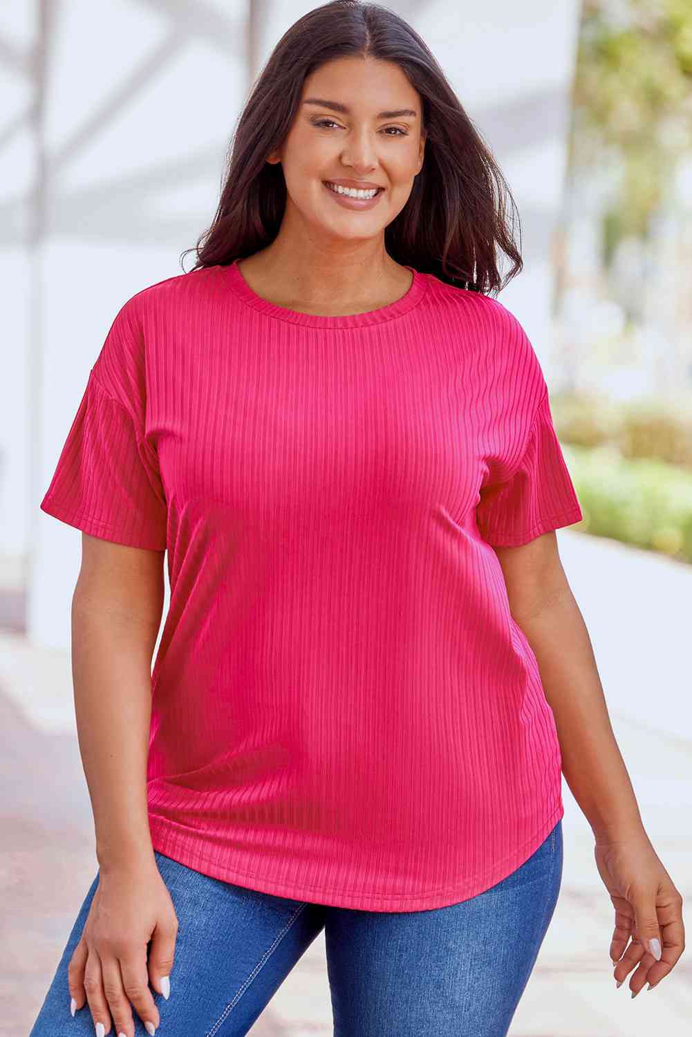 Ribbed Drop Shoulder Curved Hem Top 