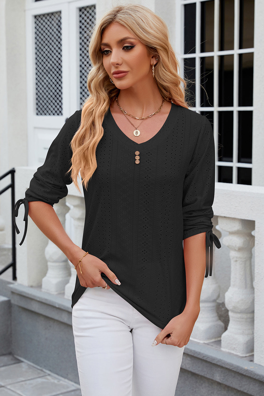 Eyelet Drawstring V-Neck Half Sleeve T-Shirt 