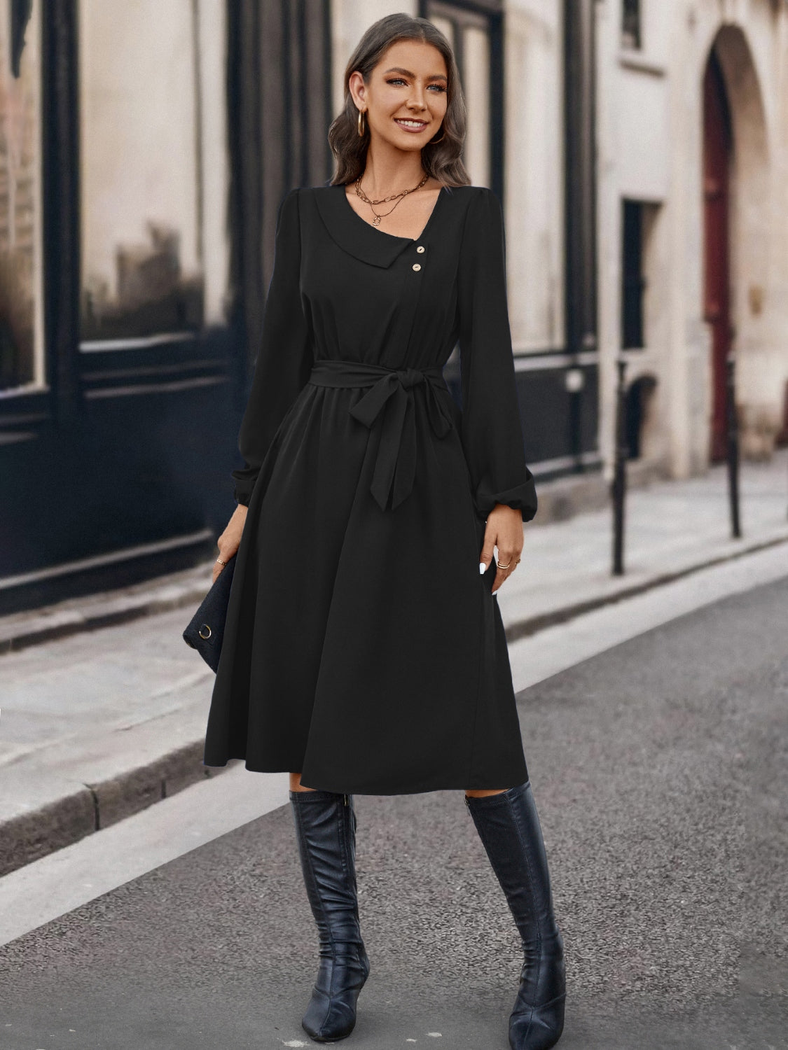 Buttoned Tie Front Long Sleeve Asymmetrical Neck Dress 