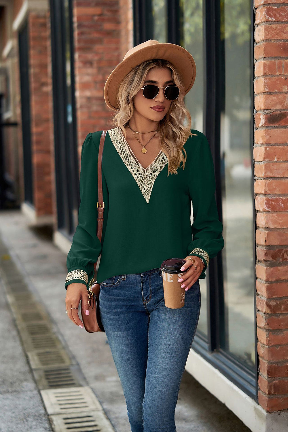 V-Neck Lace Detail Long Sleeve Top 