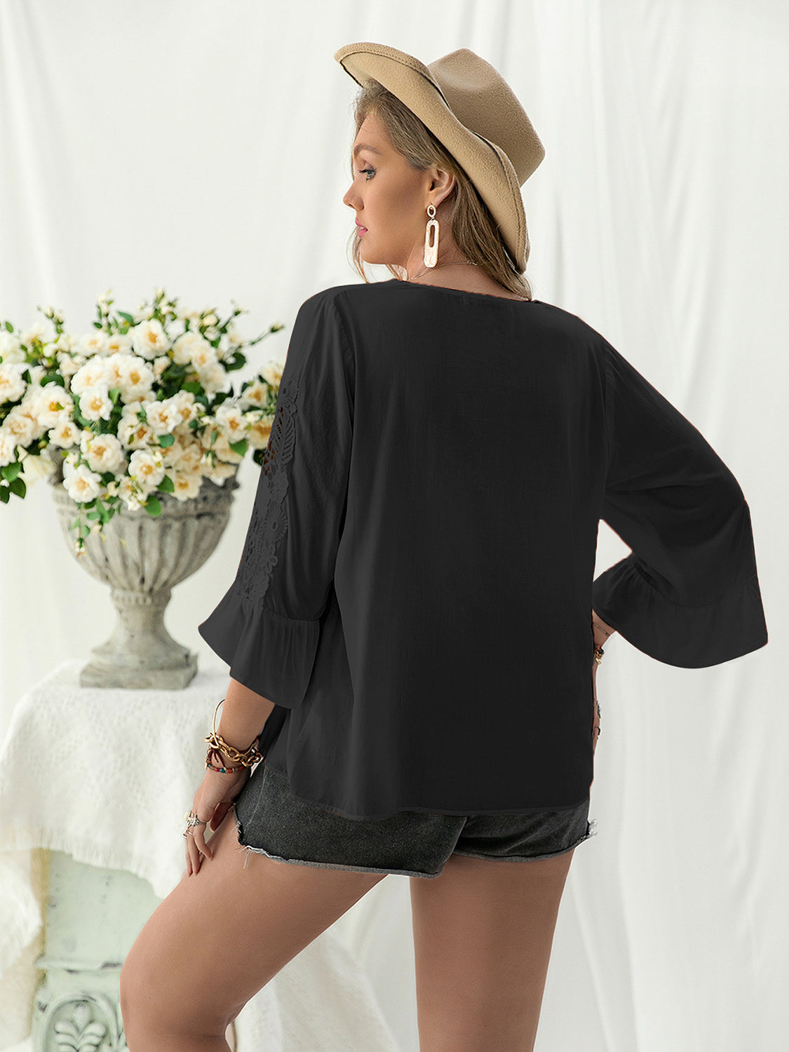 Plus Size Flower Crochet Flare Sleeve Top 