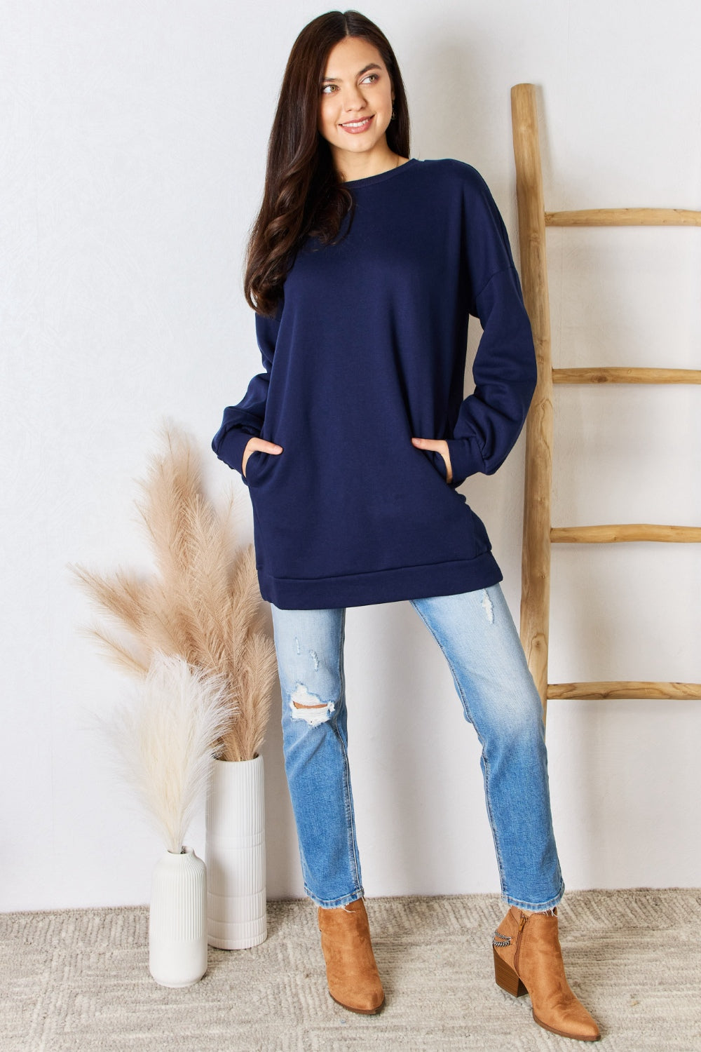 Zenana Oversized Round Neck Long Sleeve Sweatshirt 