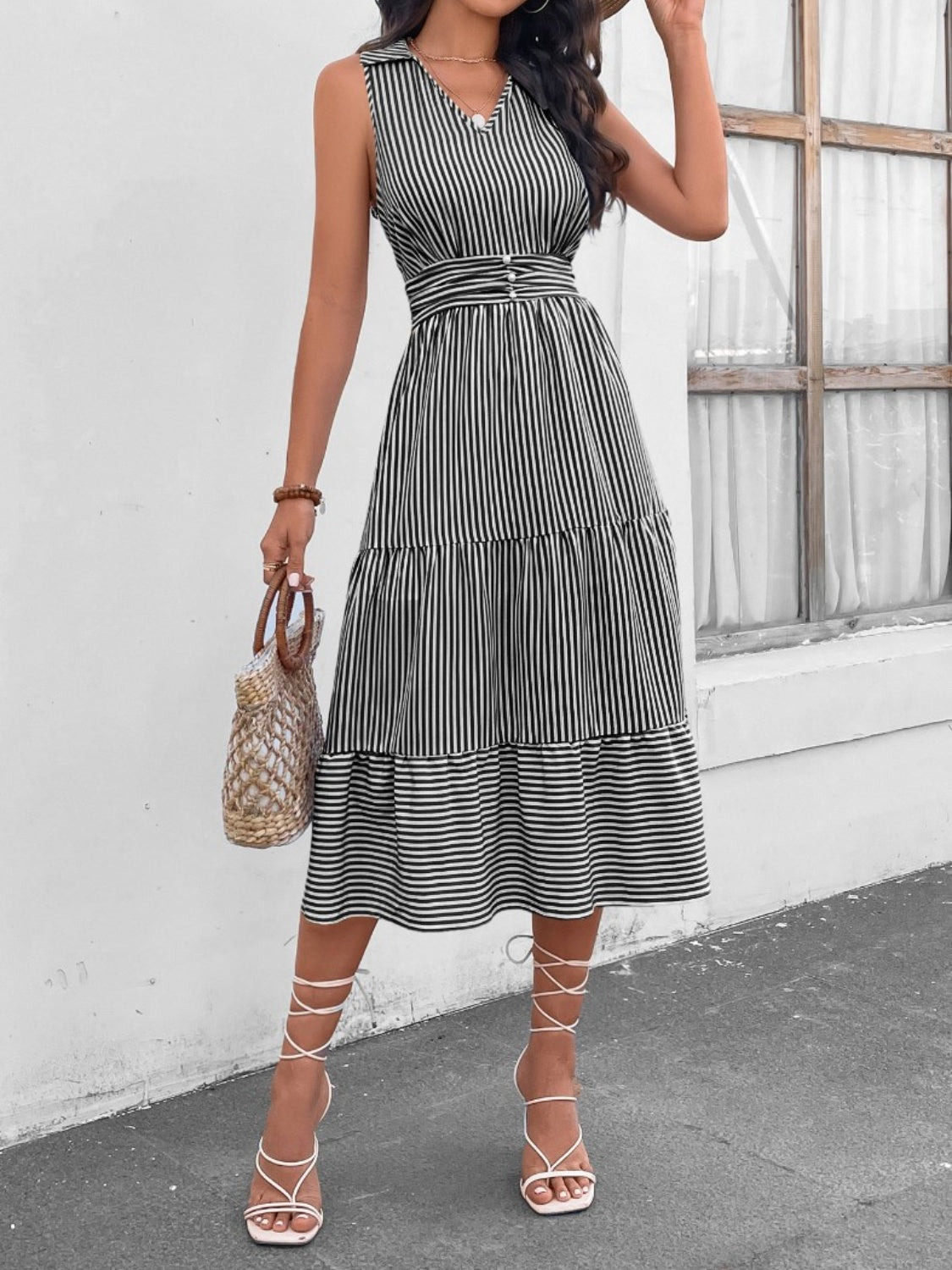 Striped Johnny Collar Sleeveless Midi Dress - Babbazon Midi Dress