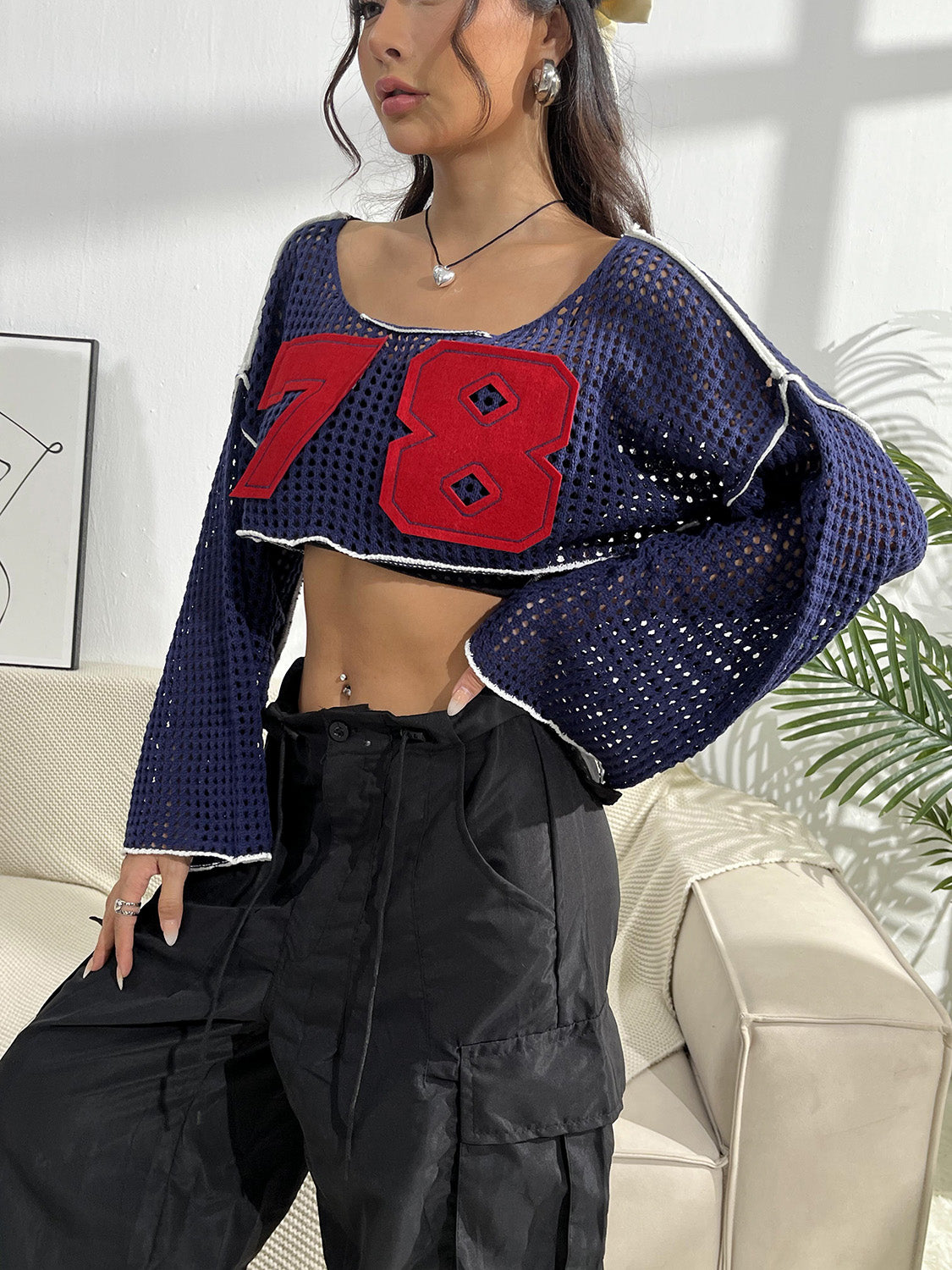 Contrast Patches Long Sleeve Cropped Knit Top 