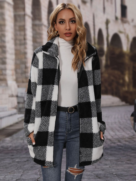 Plaid Collared Neck Coat with Pockets 