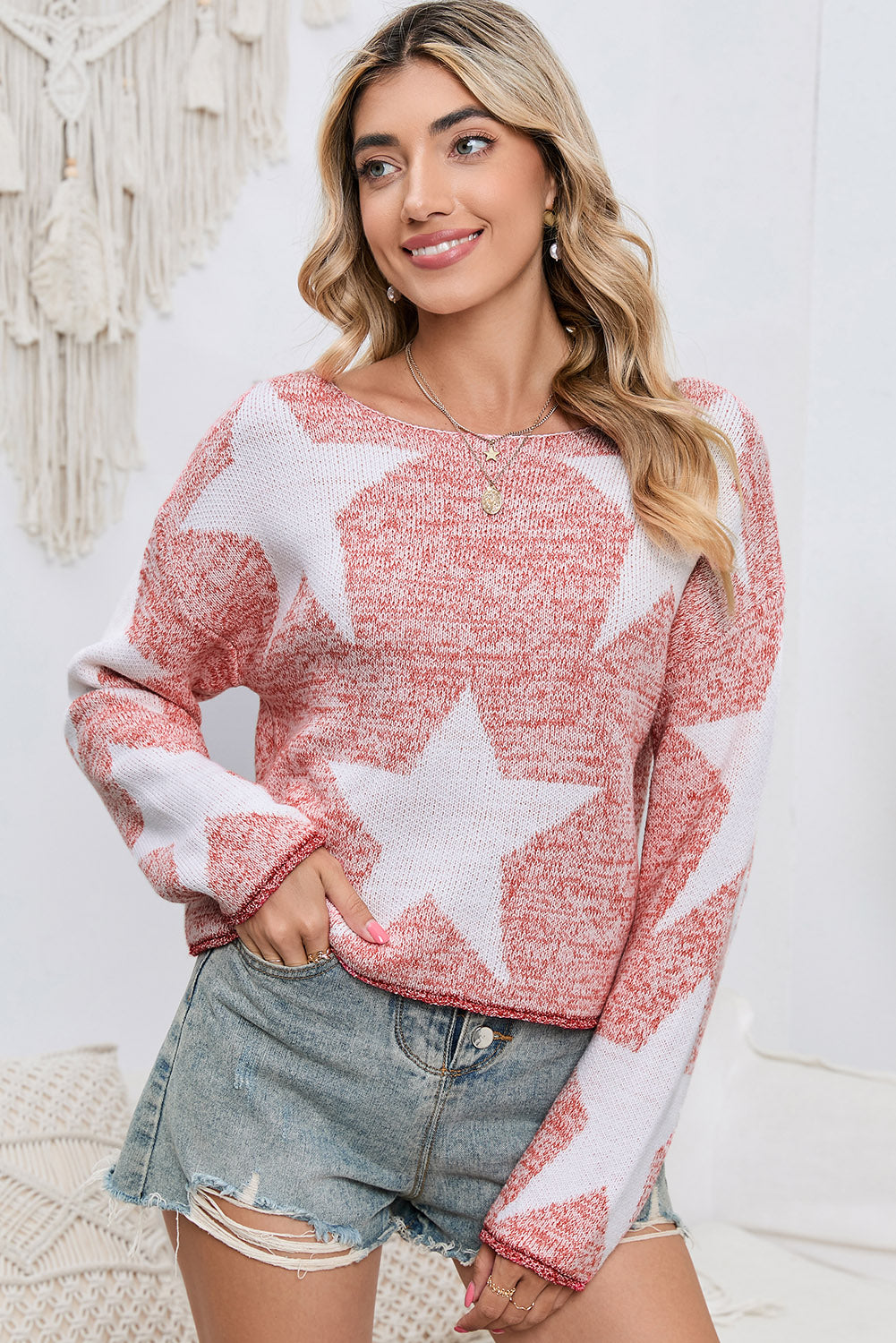 Star Pattern Dropped Shoulder Knit Top - Babbazon Tops