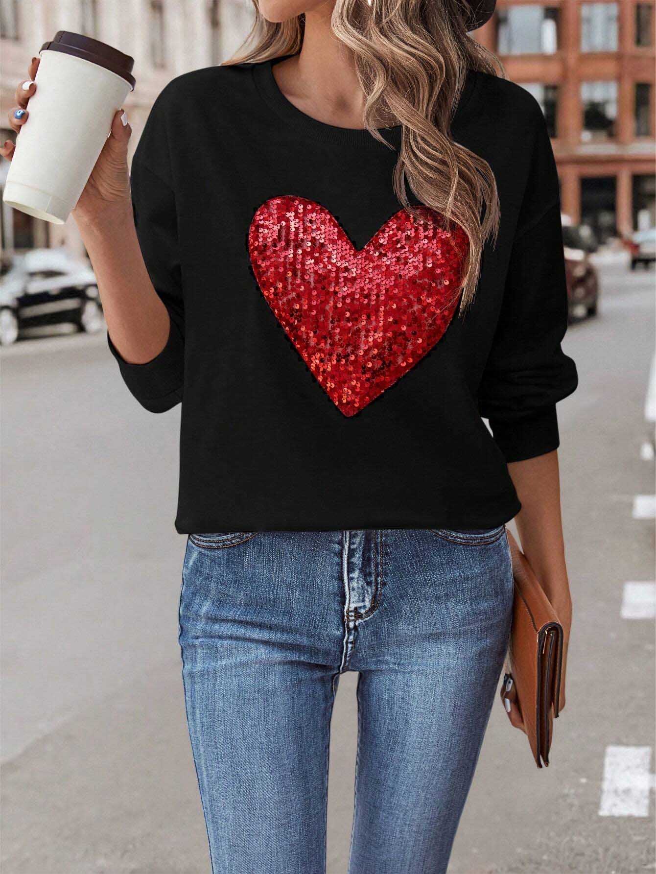 Sequin Heart Dropped Shoulder Sweatshirt 