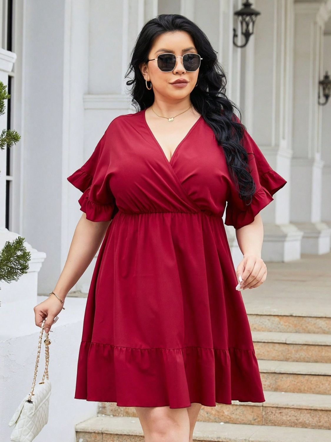 Plus Size Ruched Surplice Flounce Sleeve Mini Dress - Babbazon