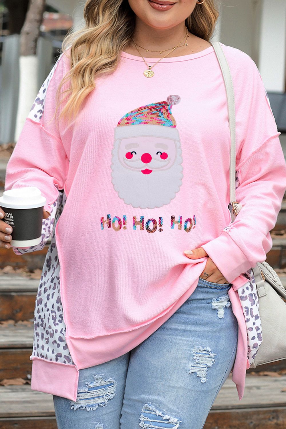 Plus Size Sequin Santa Leopard Exposed Seam Sweatshirt - Babbazon Sparkly Clothes