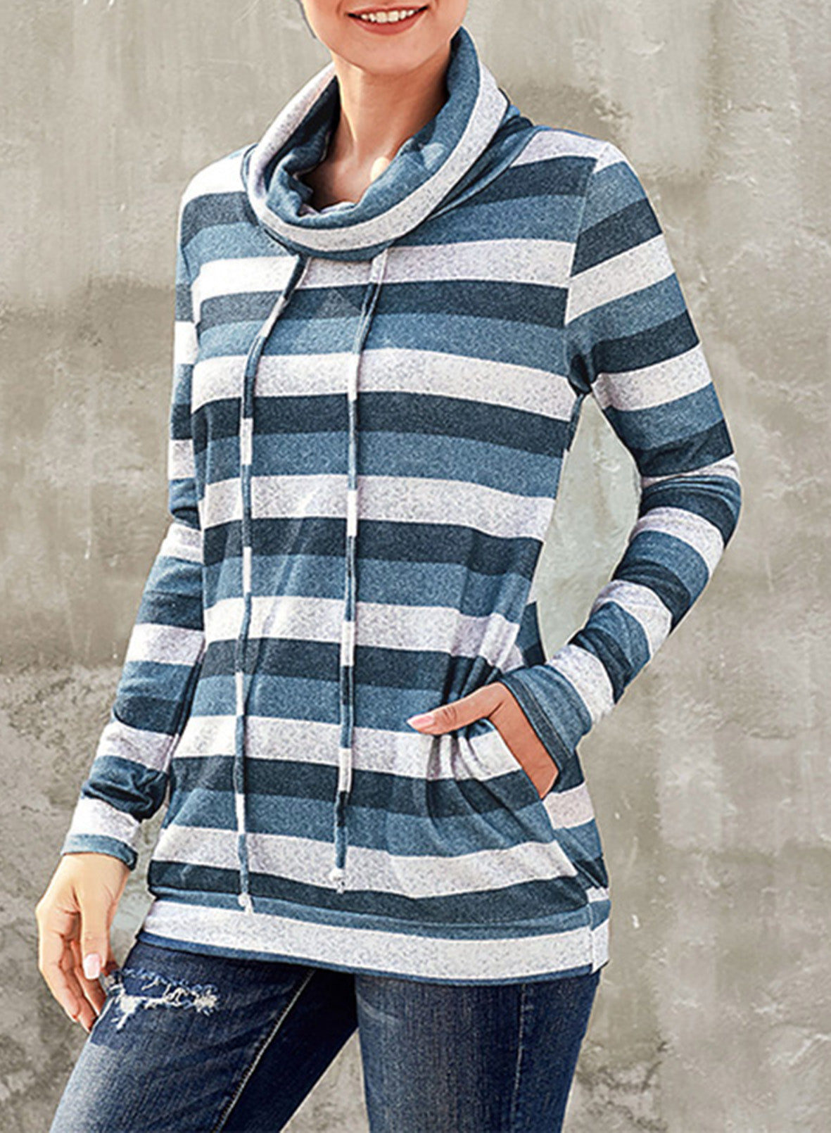 Striped Cowl Neck Tunic Sweatshirt