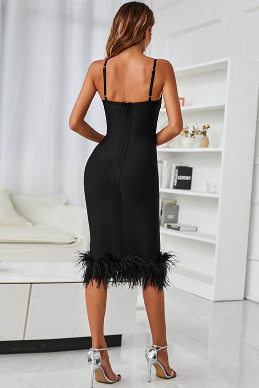 Spaghetti Strap Feather Trim Bodycon Dress 