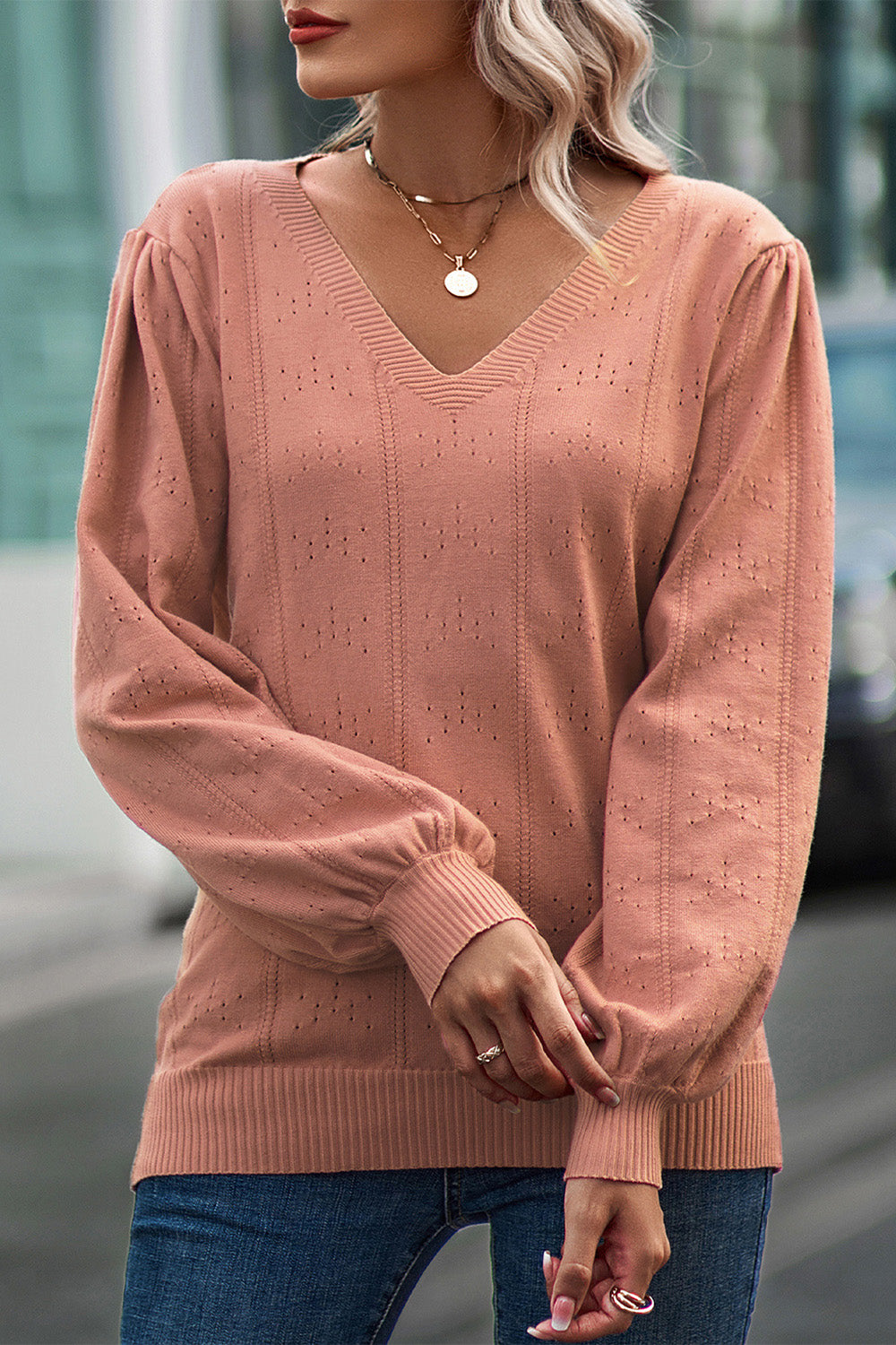 Eyelet V-Neck Lantern Sleeve Sweater 