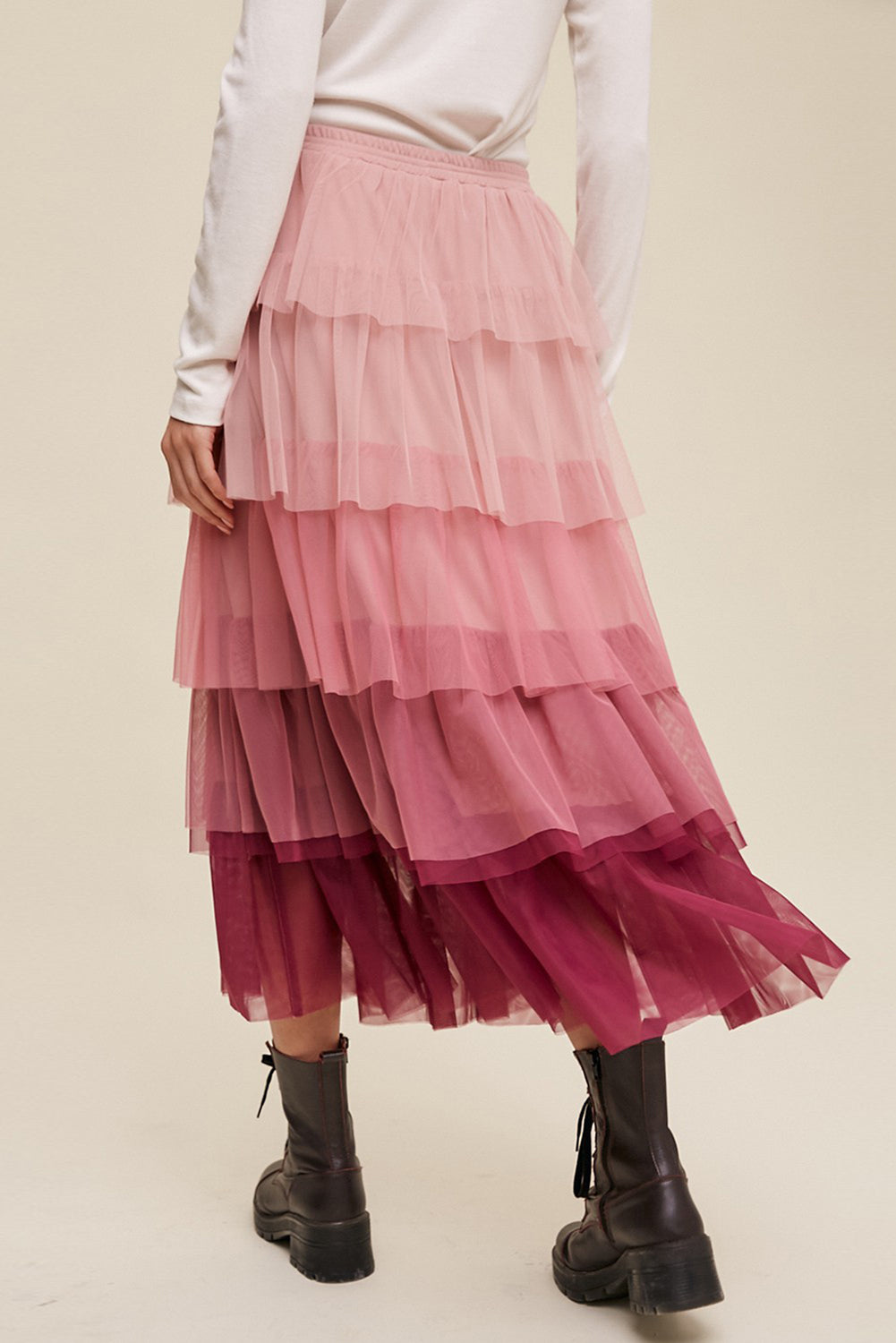 Elastic Waist Layered Tulle Midi Skirt 