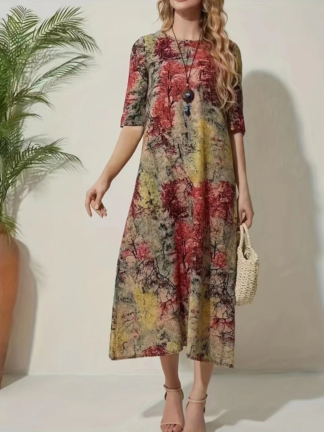 Full Size Printed Half Sleeve Midi Dress 