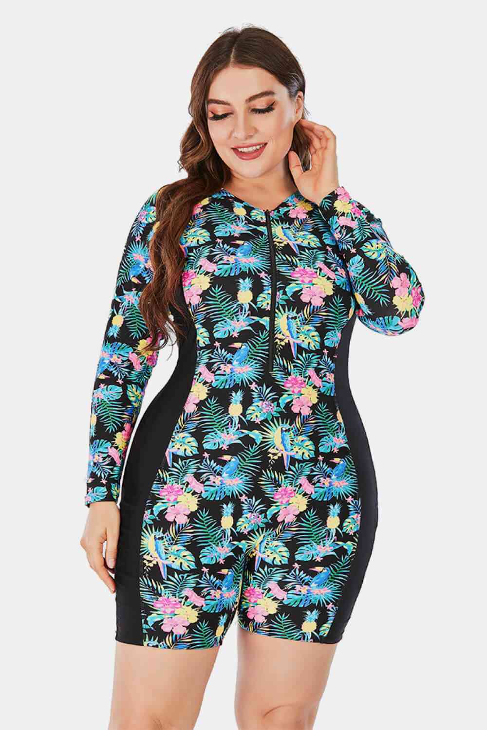 Plus Size Floral Zip Up  Long Sleeve Short Wetsuit 