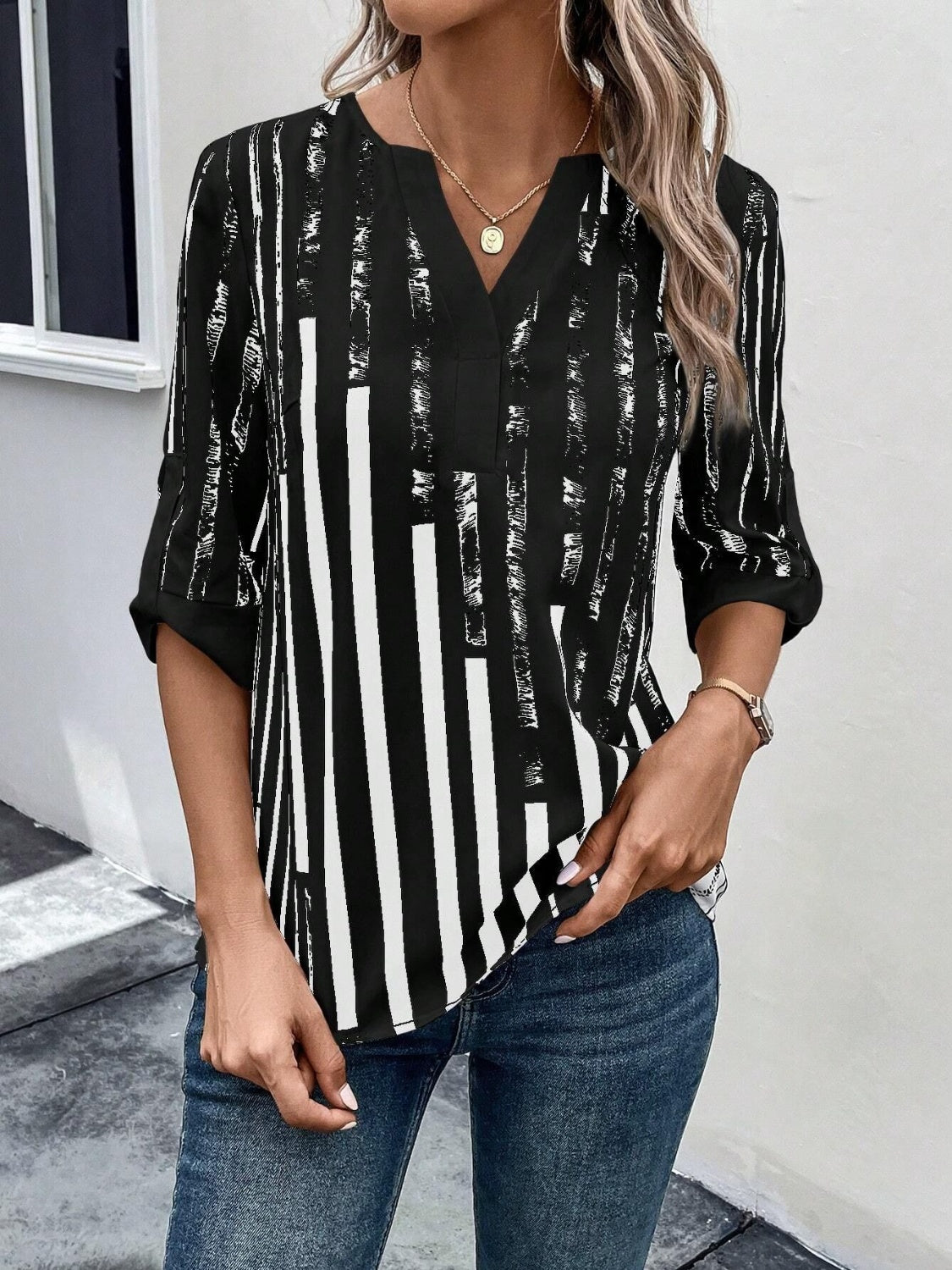 Striped Notched Half Sleeve Blouse 