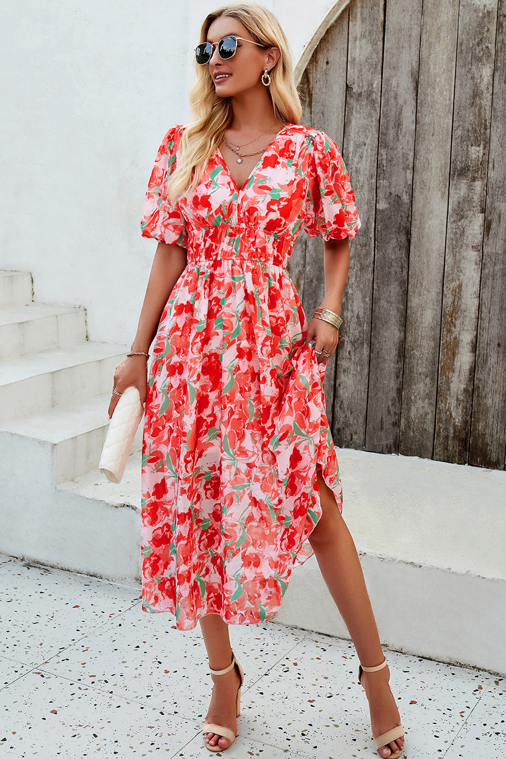 Smocked Printed V-Neck Short Sleeve Dress 