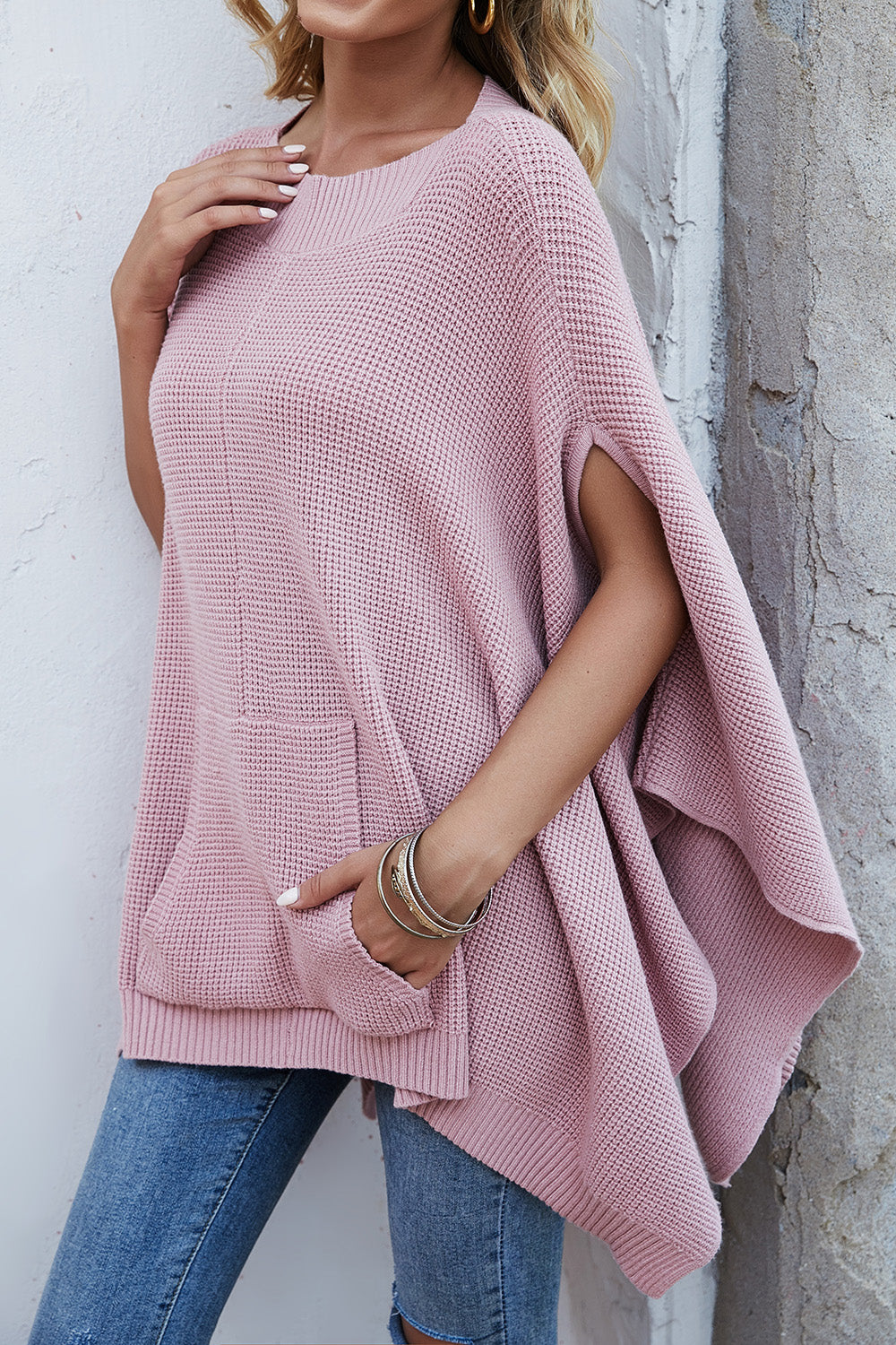 Waffle-Knit Pocketed Cape Sleeve Sweater 