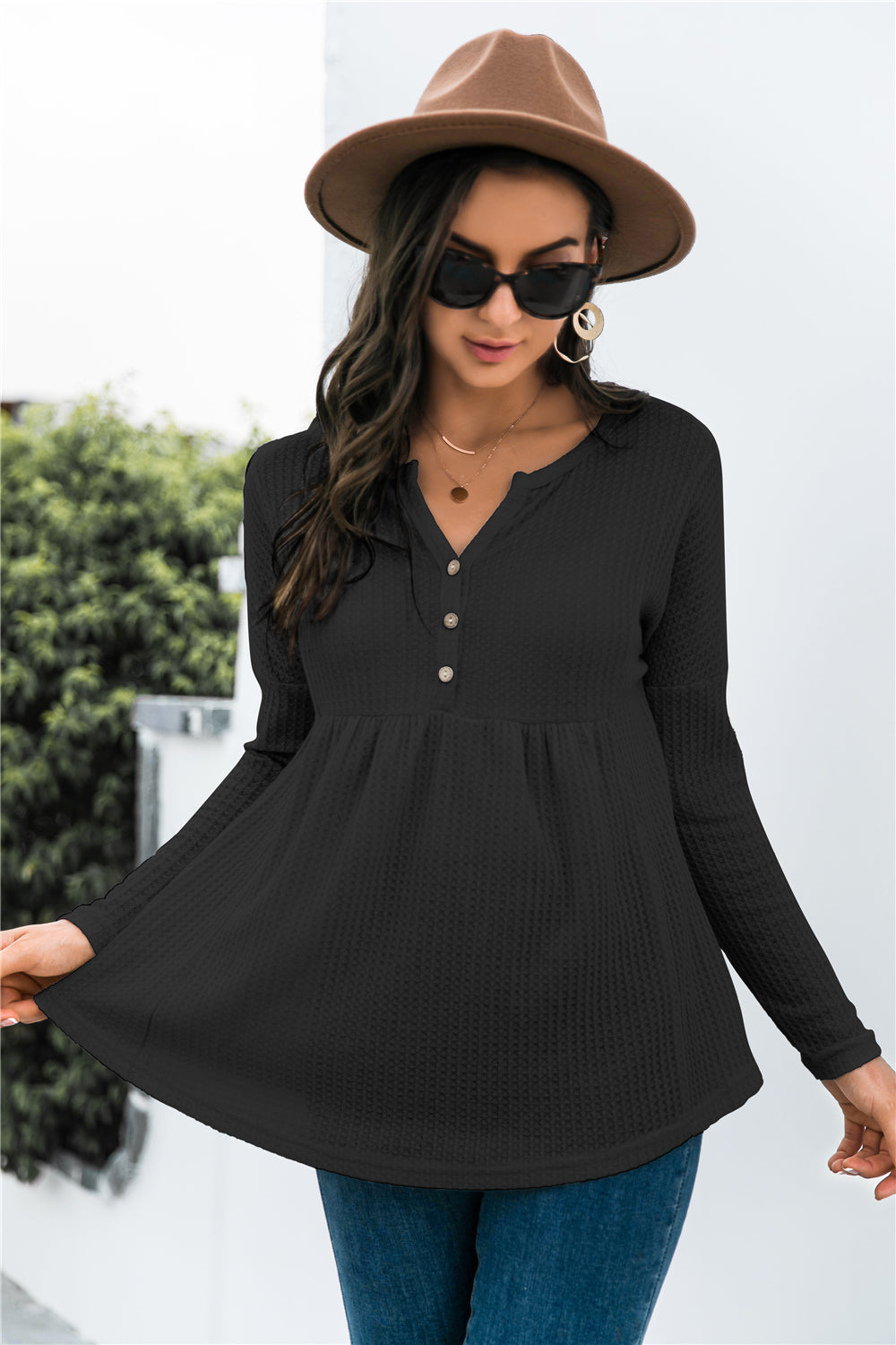 Button Front Waffle Knit Babydoll Top 