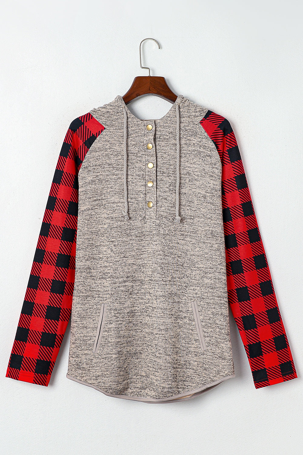 Plaid Half Snap Long Sleeve Hoodie 