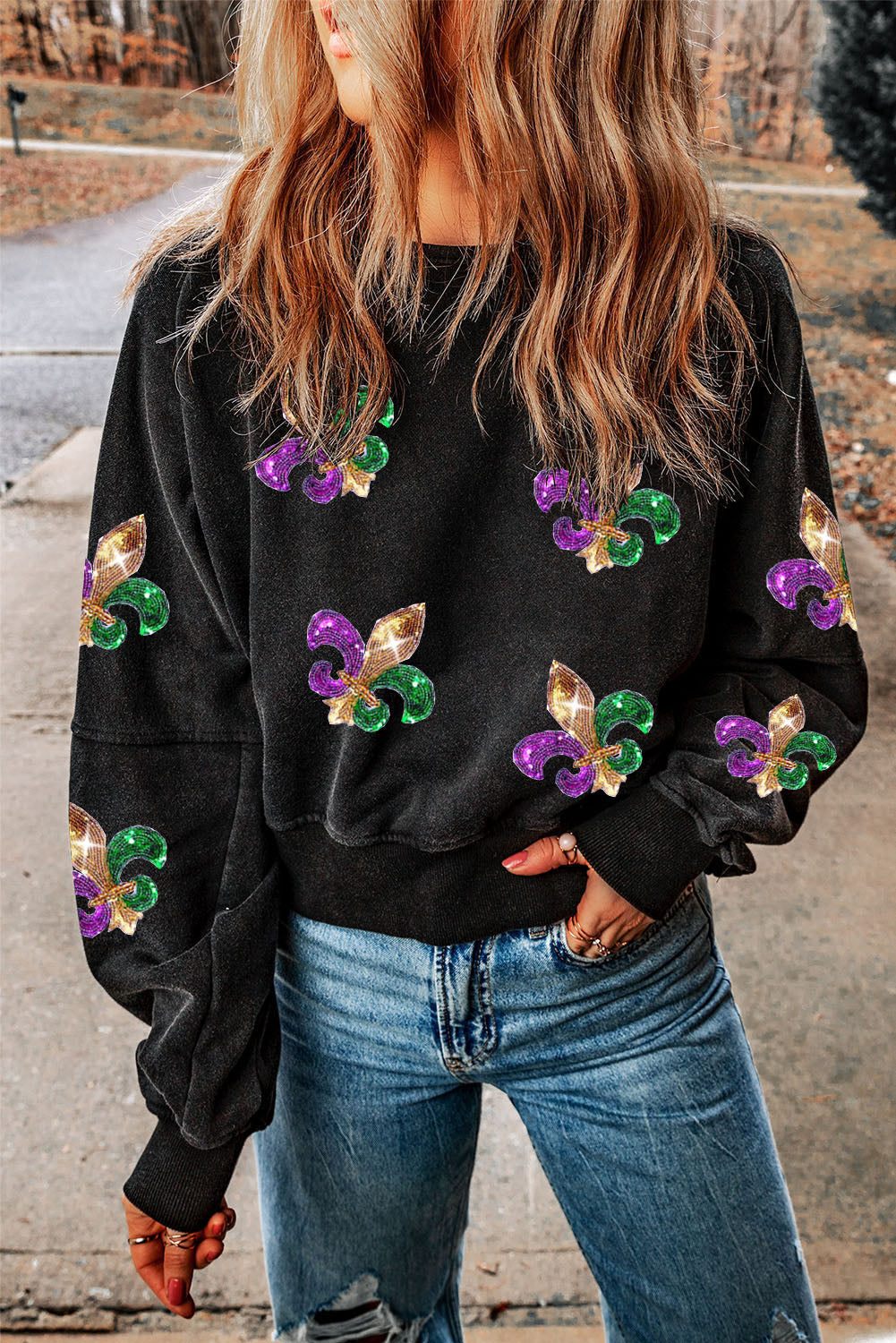 Cutout Sequin Round Neck Sweatshirt 