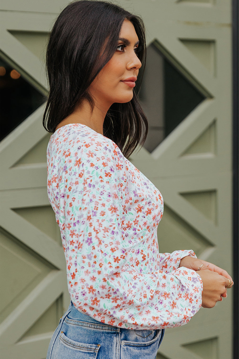 Ditsy Floral Long Sleeve Plunge Bodysuit 