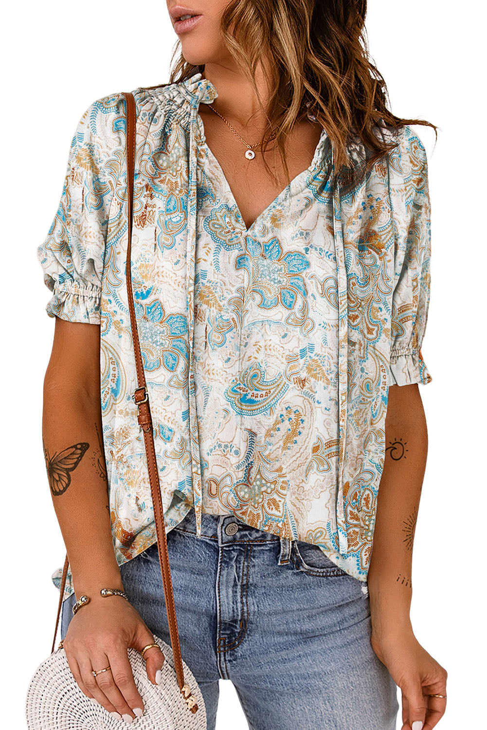 Printed Tie Neck Flounce Sleeve Top 